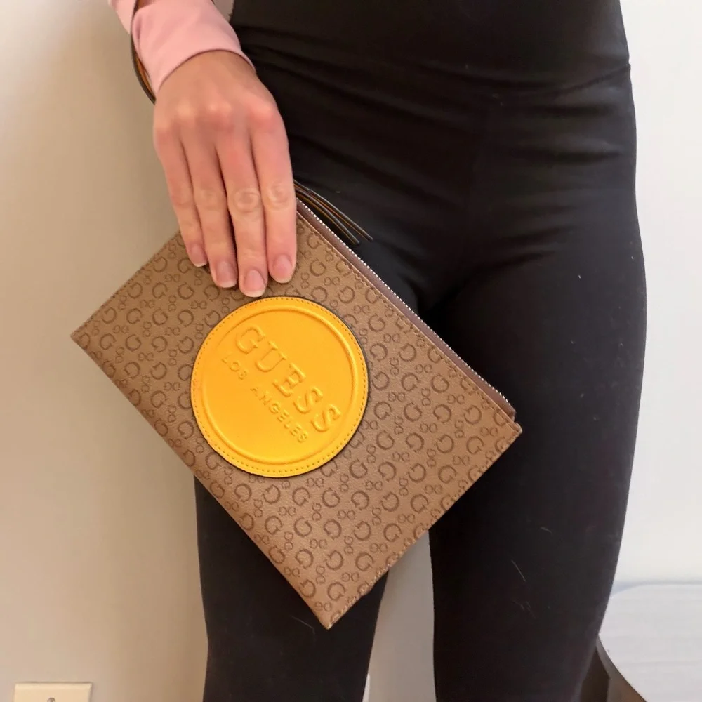 Guess Tan and Yellow Logo Large Wristlet - Picture 7 of 9